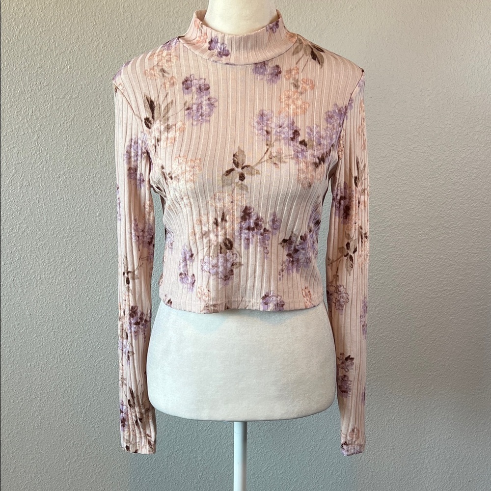 H&M Cropped Floral Long Sleeve Top Pink Size Small